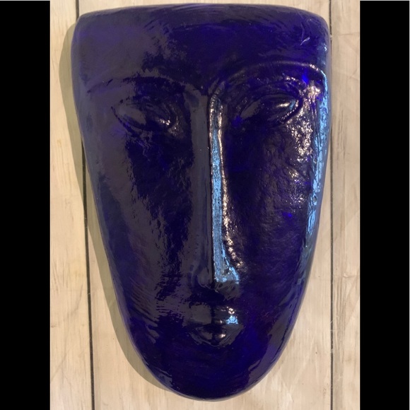 Rare HTF 10.5” Blue Glass Abstract Art Face Mask Sculpture - Picture 3 of 8